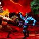 Action figures of He-Man and Skeletor battle on an apocalyptic landscape.